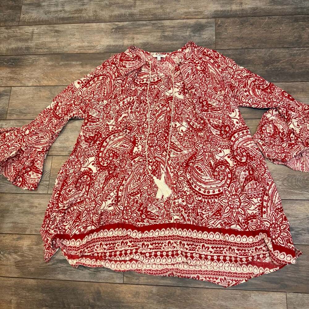 Umgee Tunic Size M Red Paisley Bell Sleeve Boho Shirt Dress